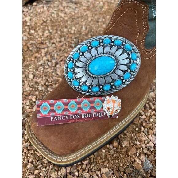 TURQUOISE LARGE CONCHO WESTERN SILVER BELT ADJUSTABLE BUCKLE Men dad Christmas - Picture 10 of 11